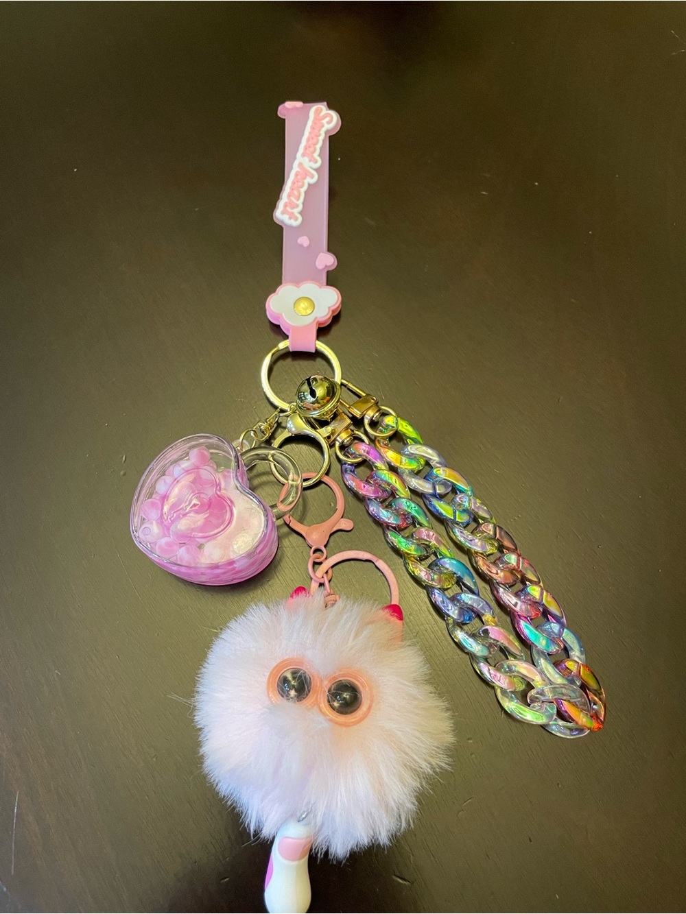 Pink Fuzzy Pom Pom Keychain with Iridescent Chain and Heart Charm